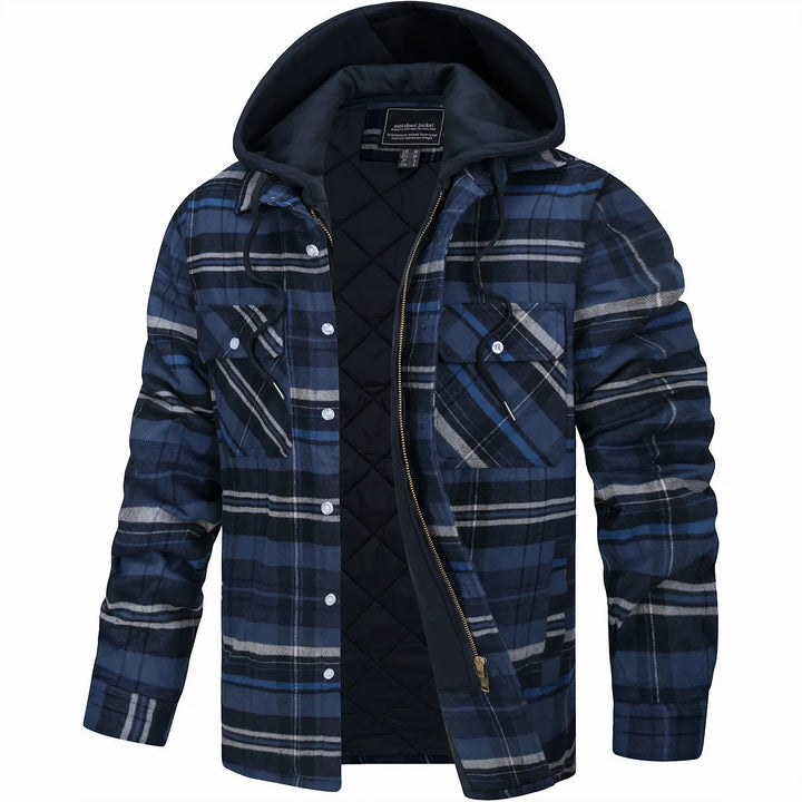 Leopold | Men's Lightweight Casual Plaid Hooded Bomber Jacket with Quilted Lining — Dark Blue