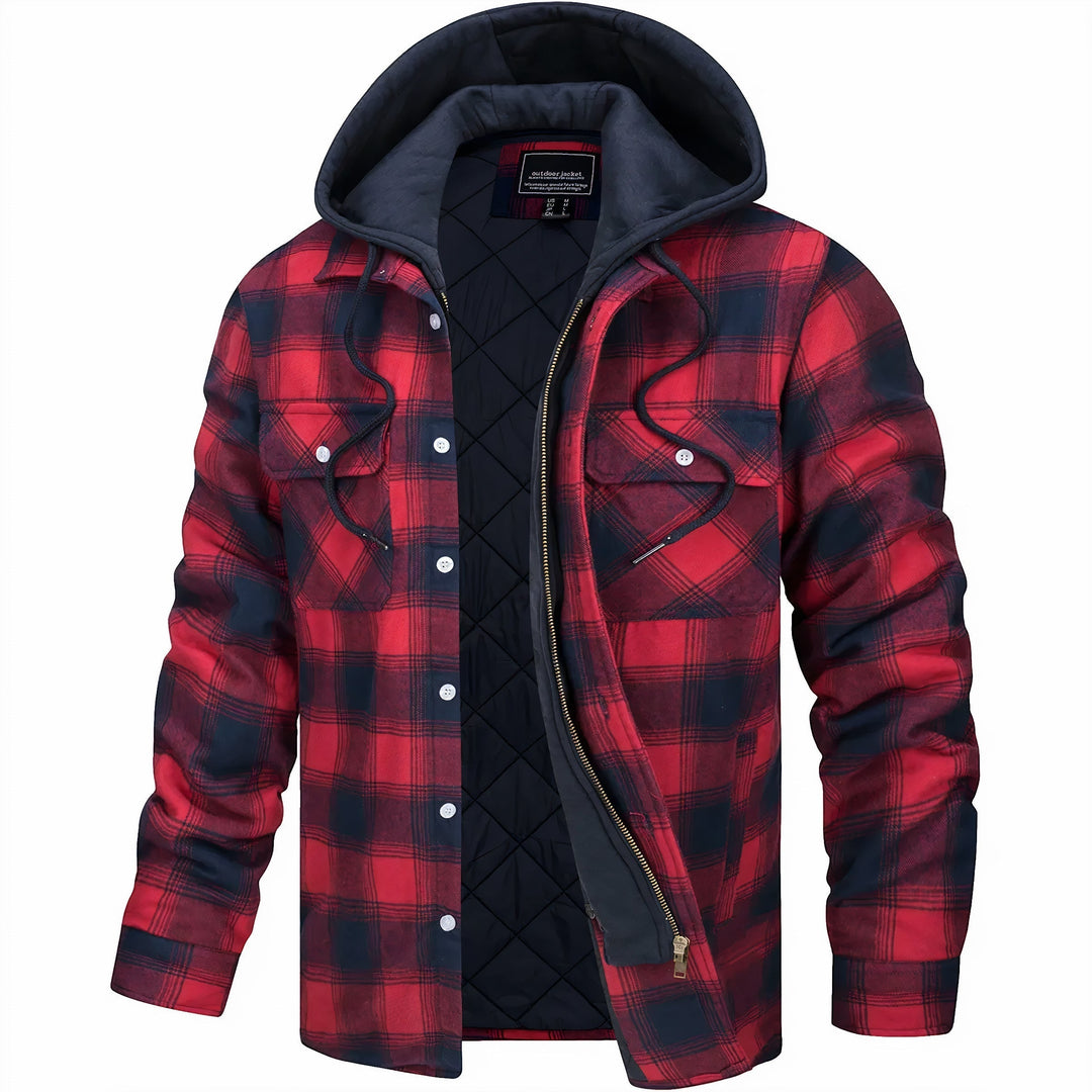 Leopold | Men's Lightweight Casual Plaid Hooded Bomber Jacket with Quilted Lining — Red
