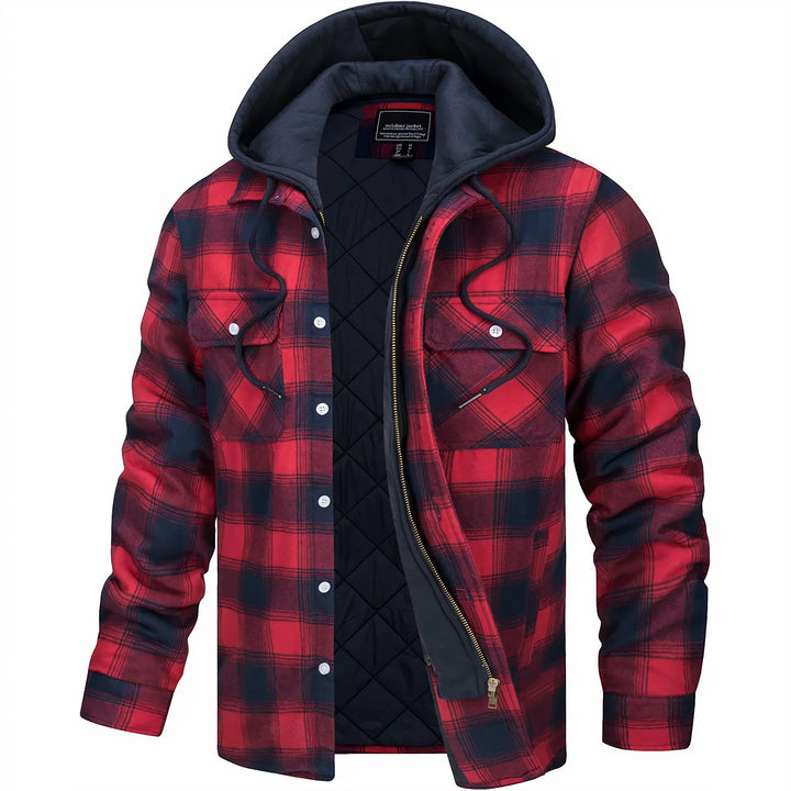 Leopold | Men's Lightweight Casual Plaid Hooded Bomber Jacket with Quilted Lining — Red