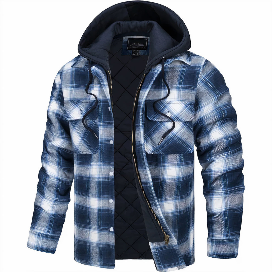 Leopold | Men's Lightweight Casual Plaid Hooded Bomber Jacket with Quilted Lining — White