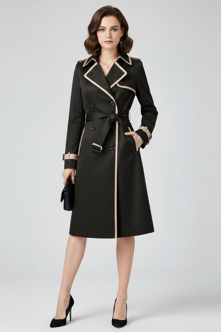 Liorara | Women's Trench Coat with Belt and Textured Surface — Black