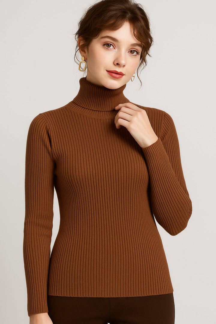 Unaraenne | Women's Knit Cozy Ribbed Turtleneck Sweater for Every Occasion — Brown