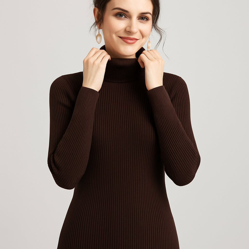 Unaraenne | Women's Knit Cozy Ribbed Turtleneck Sweater for Every Occasion — Dark Brown