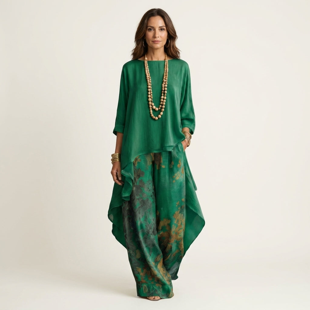 Lisecine | Cotton-Silk Tunic and Floral Wide-Leg Trousers Co-ord Set