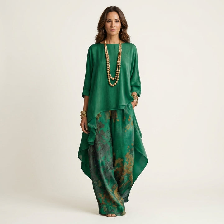 Lisecine | Cotton-Silk Tunic and Floral Wide-Leg Trousers Co-ord Set