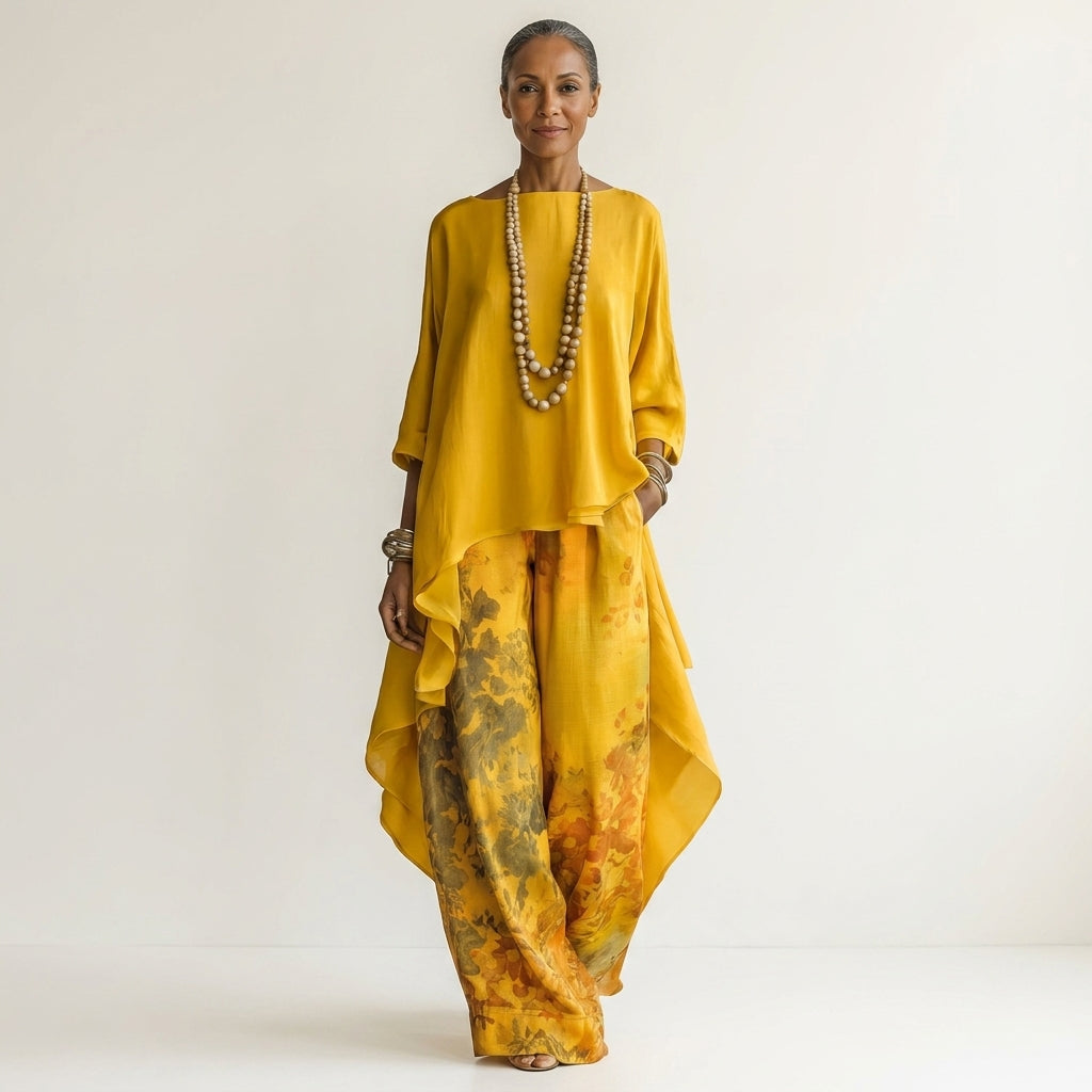 Lisecine | Cotton-Silk Tunic and Floral Wide-Leg Trousers Co-ord Set