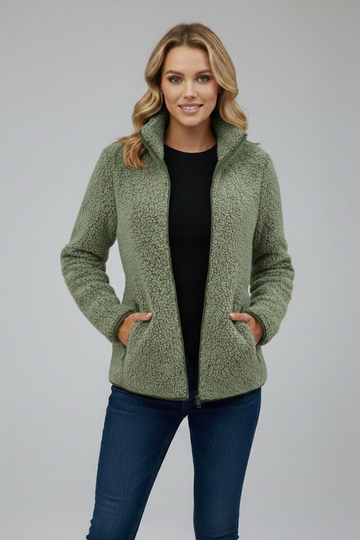 Lisettecine | Women's Fleece Jacket with Stand-Up Collar and Zip — Olive Green