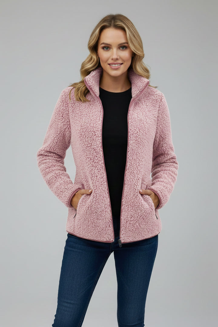 Lisettecine | Women's Fleece Jacket with Stand-Up Collar and Zip — Pink
