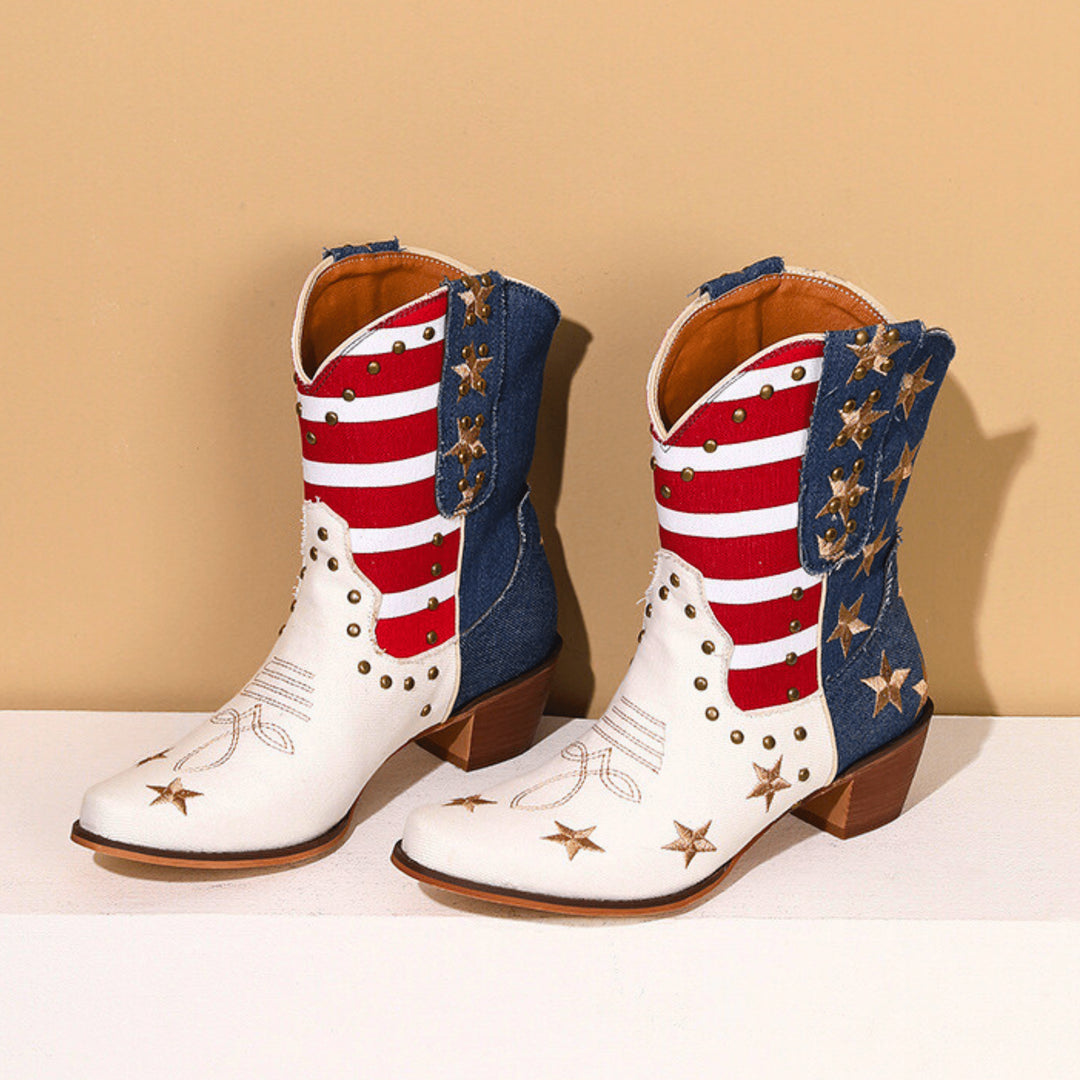 Liseynn | Star Embroidered Mid-Calf Block Heel Boots