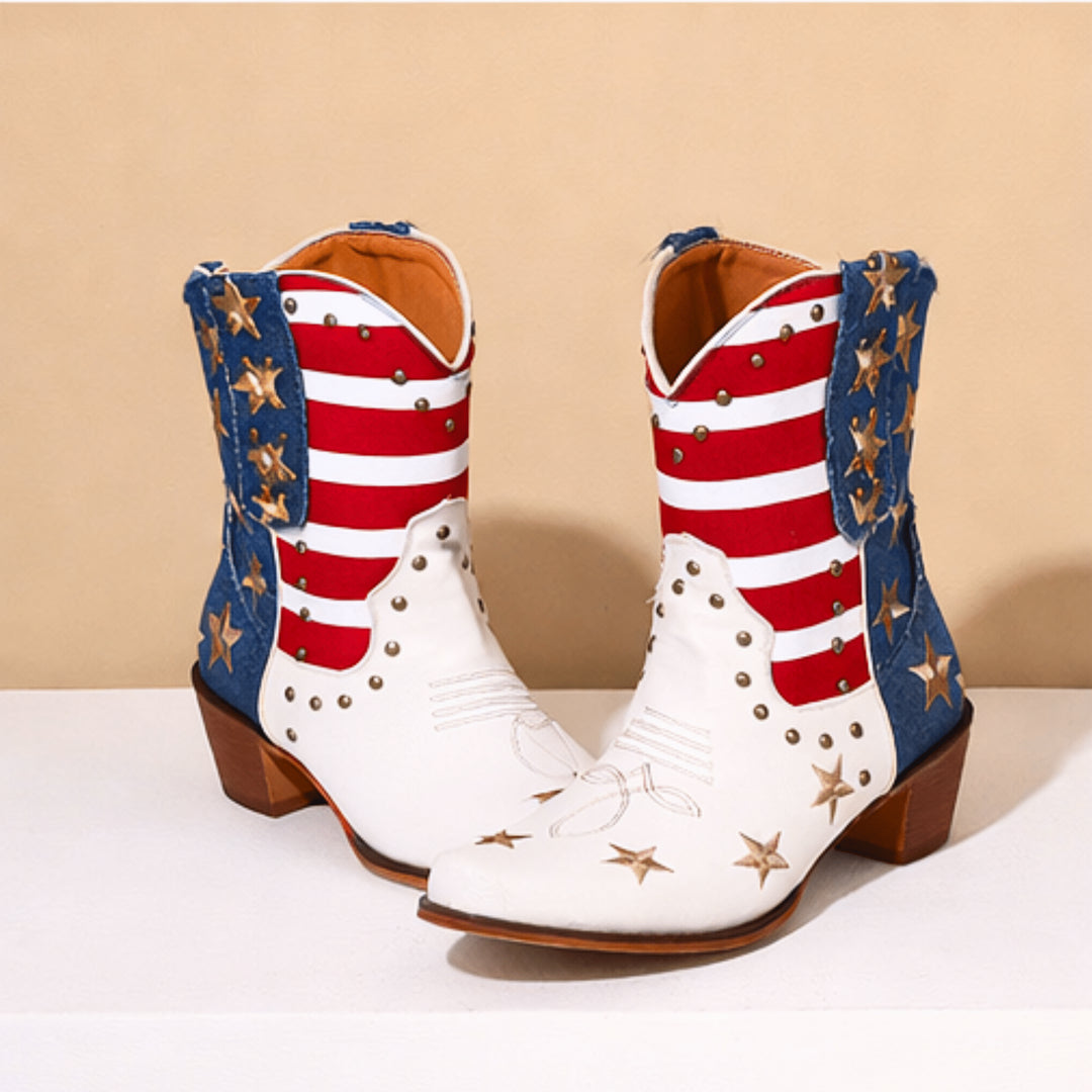 Liseynn | Star Embroidered Mid-Calf Block Heel Boots