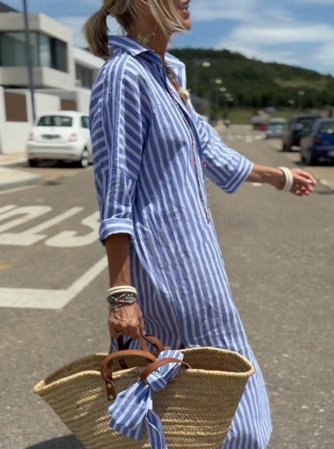 Livdora | Women's Elegant Striped Shirt Dress for — Blue