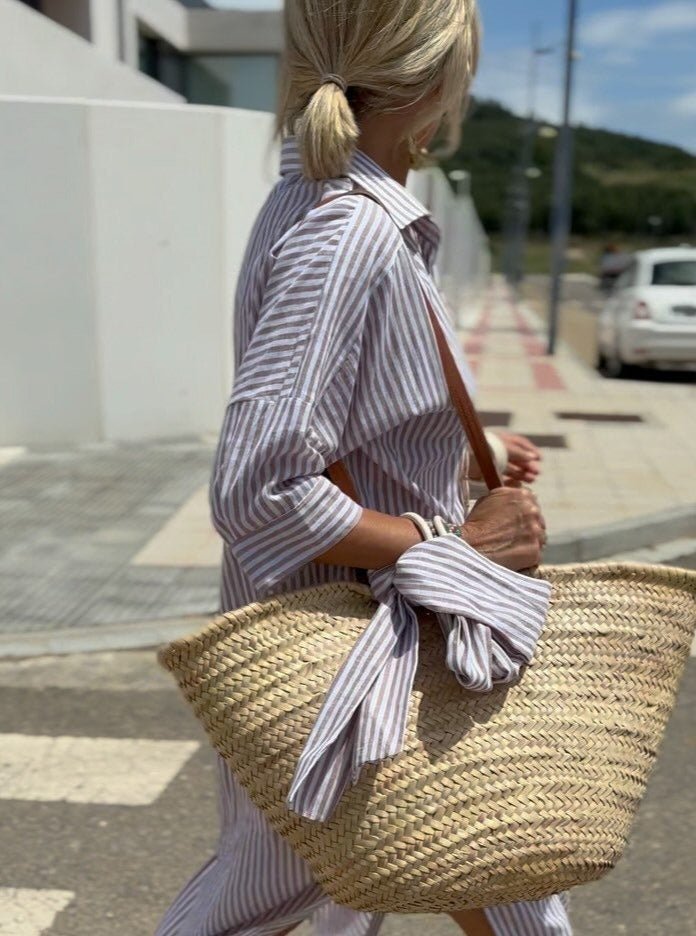 Livdora | Women's Elegant Striped Shirt Dress for — Grey
