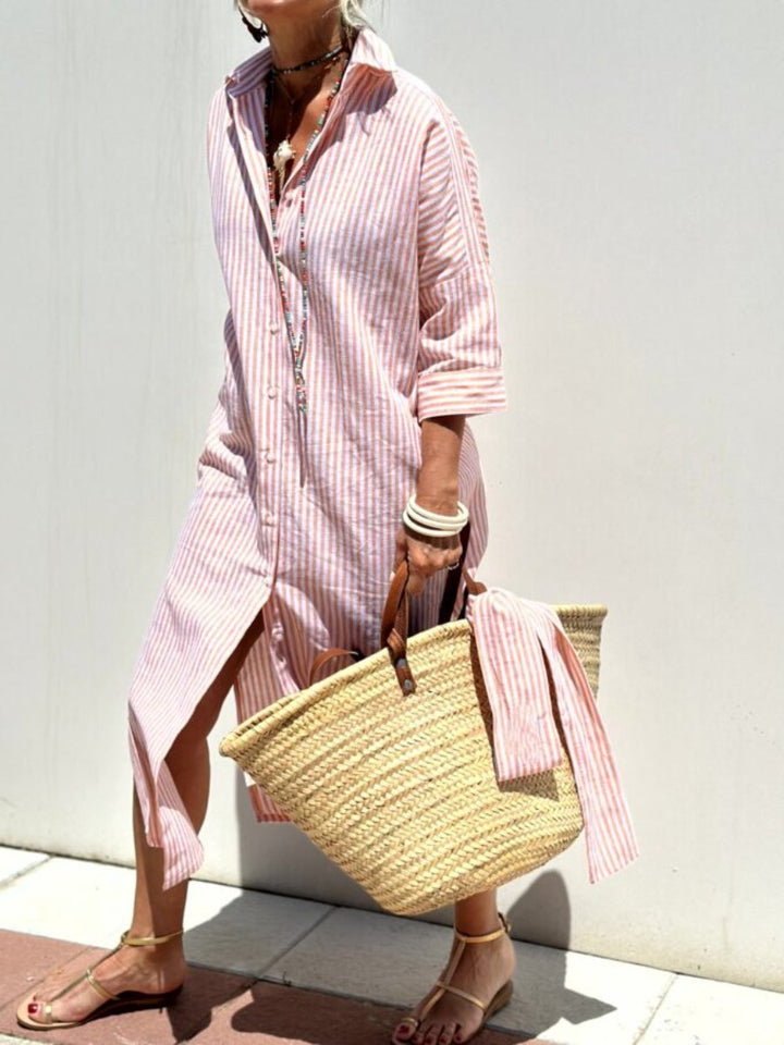 Livdora | Women's Elegant Striped Shirt Dress for — Pink