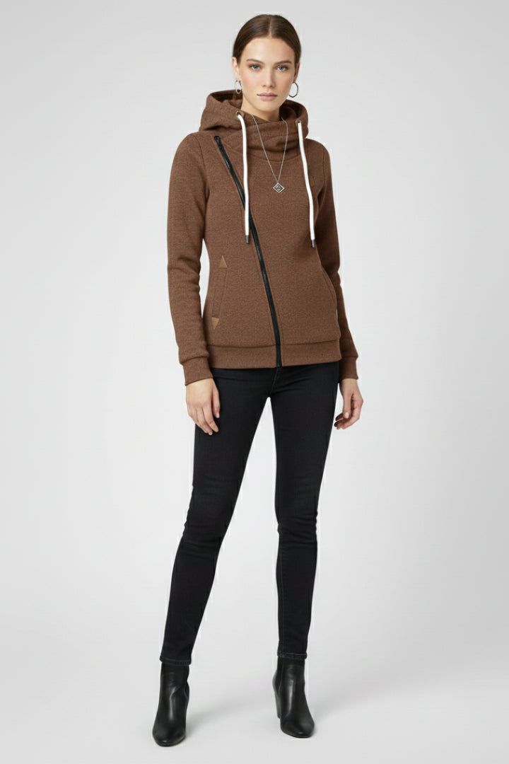 Livria | Women's Hooded Jacket with Asymmetrical Zip and Drawstring — Brown