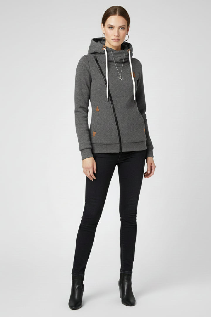 Livria | Women's Hooded Jacket with Asymmetrical Zip and Drawstring — Grey