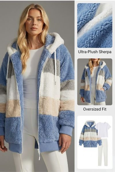 Lumianne | Women's Oversized Teddy Jacket Striped Hooded Faux Fur Coat — 1