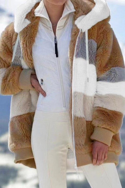 Lumianne | Women's Oversized Teddy Jacket Striped Hooded Faux Fur Coat — Fawn Brown