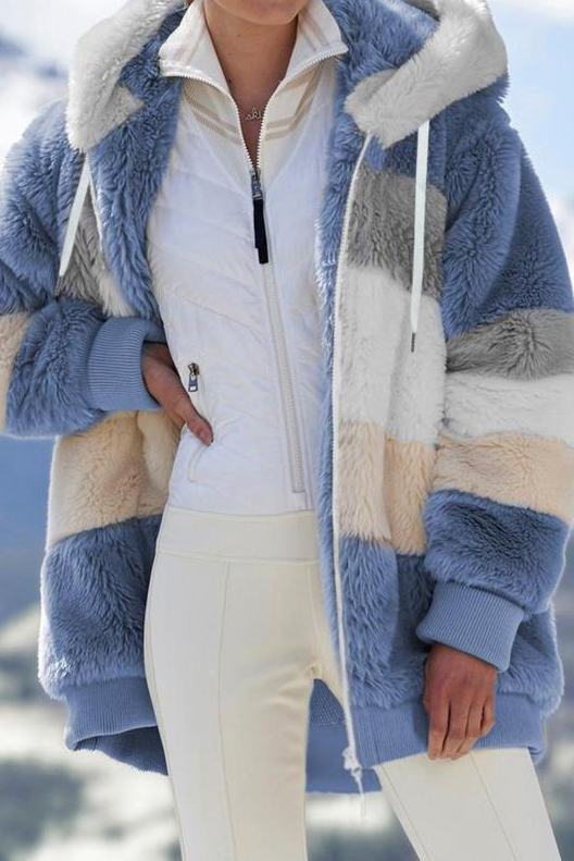 Lumianne | Women's Oversized Teddy Jacket Striped Hooded Faux Fur Coat — Light Blue