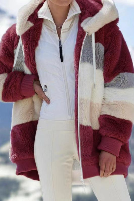 Lumianne | Women's Oversized Teddy Jacket Striped Hooded Faux Fur Coat — Red