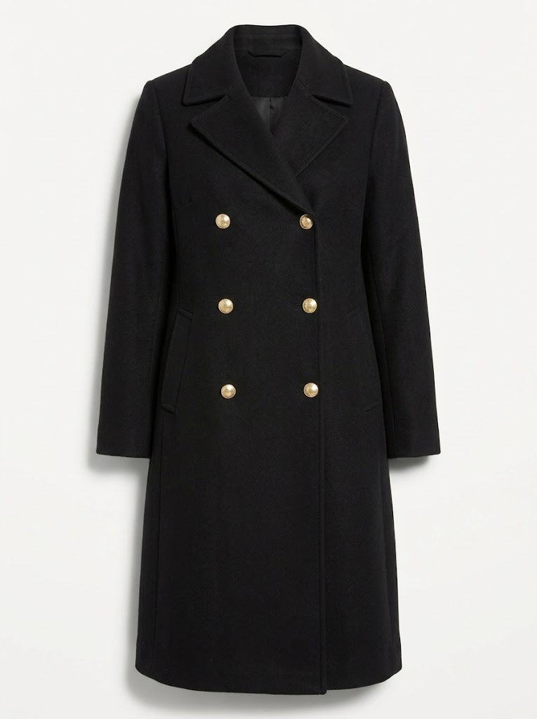 Lumiwen | Women's Double-Breasted Longline Coat with Lapel Collar — Black
