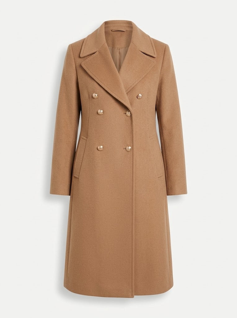 Lumiwen | Women's Double-Breasted Longline Coat with Lapel Collar — Khaki