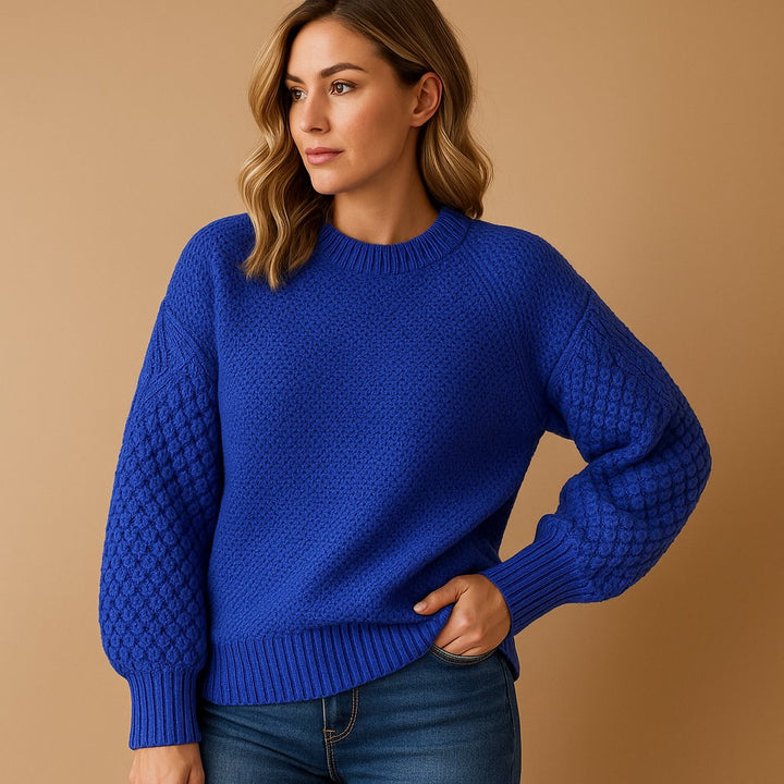 Lunoura | Women's Cable Knit Sleeve Relaxed Fit Crew Neck Jumper