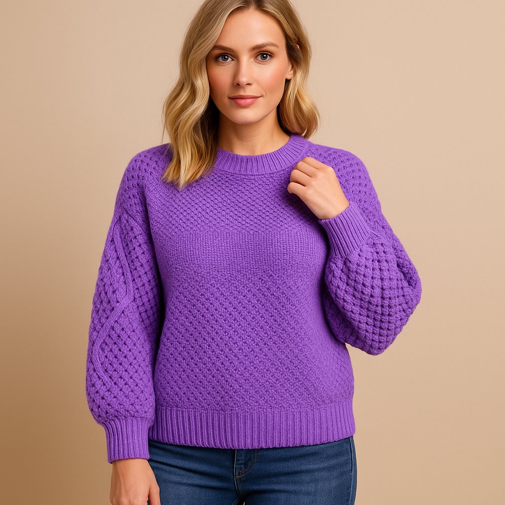 Lunoura | Women's Cable Knit Sleeve Relaxed Fit Crew Neck Jumper
