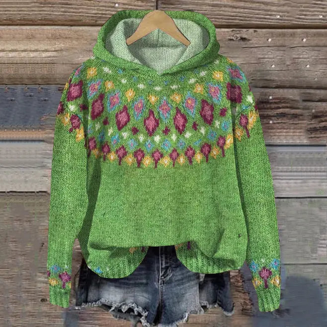 Lyravia | Women's Knit Cozy Oversized Fair Isle Hoodie Sweater for — Green