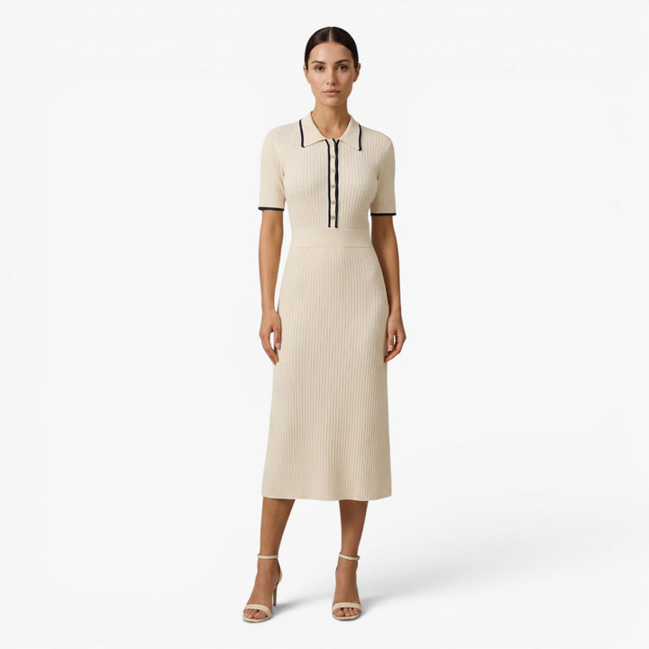 Maeienne | Women's Ribbed Knit Midi Dress Contrast Trim
