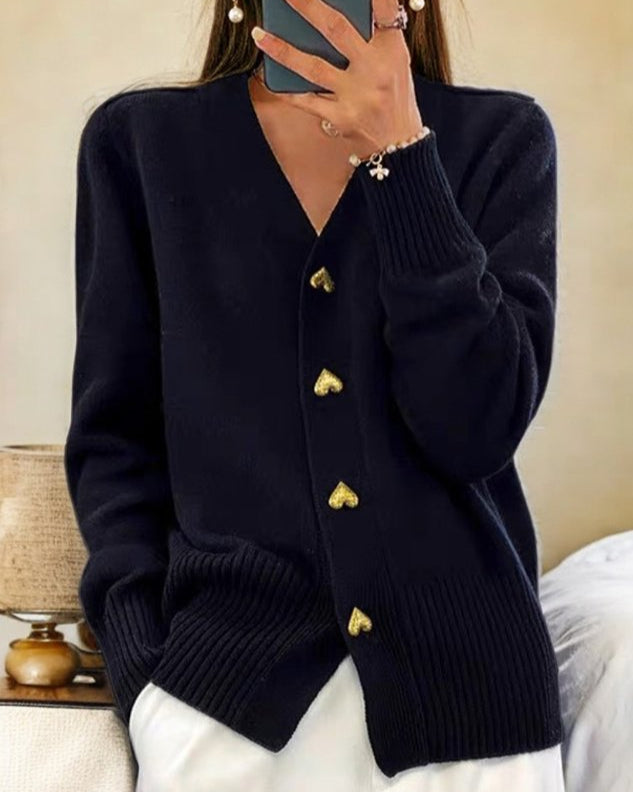 Maemora | Women's Cozy V-Neck Knit Cardigan, Heart Buttons — Black