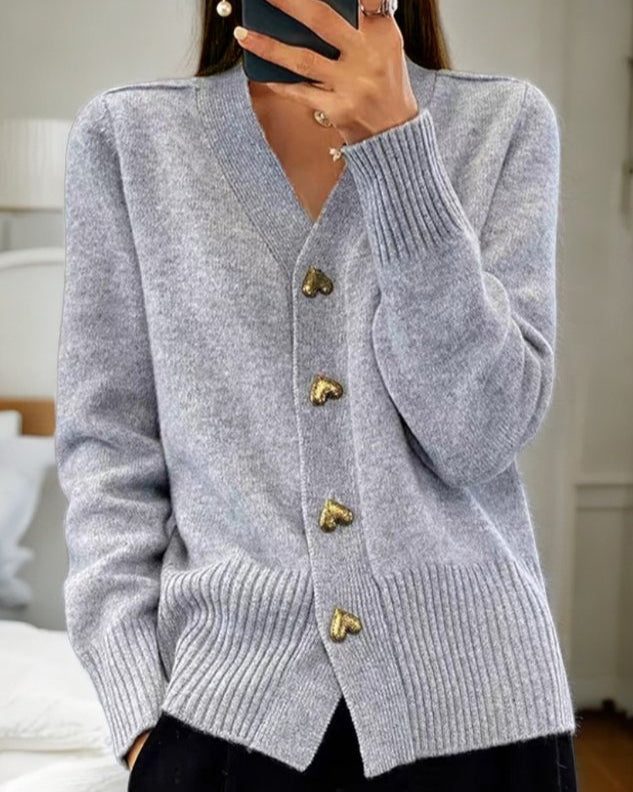 Maemora | Women's Cozy V-Neck Knit Cardigan, Heart Buttons — Grey