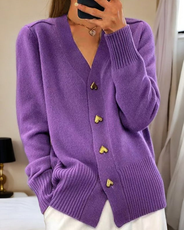 Maemora | Women's Cozy V-Neck Knit Cardigan, Heart Buttons — Purple