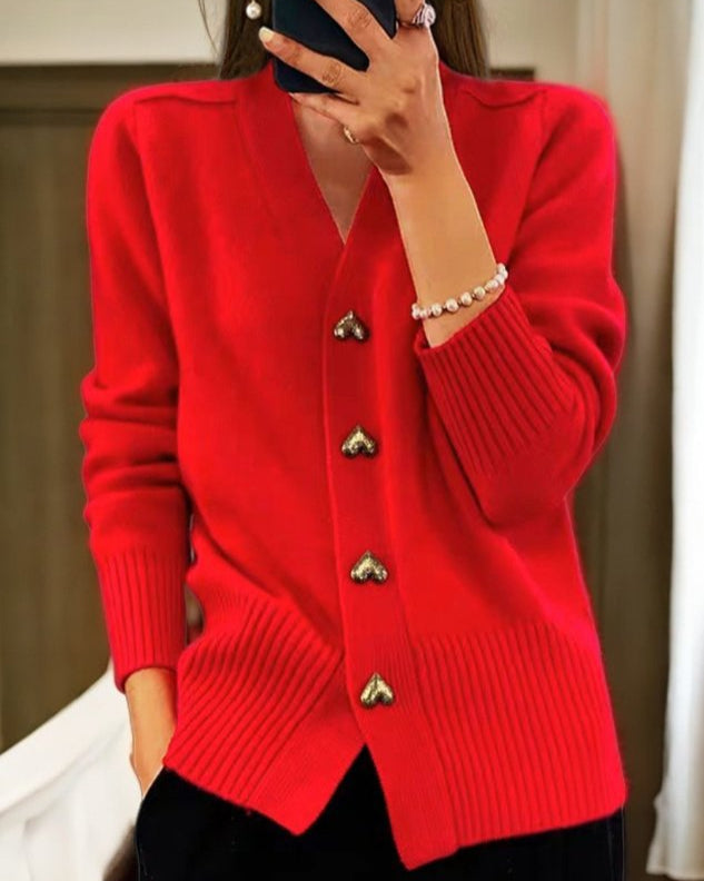 Maemora | Women's Cozy V-Neck Knit Cardigan, Heart Buttons — Red