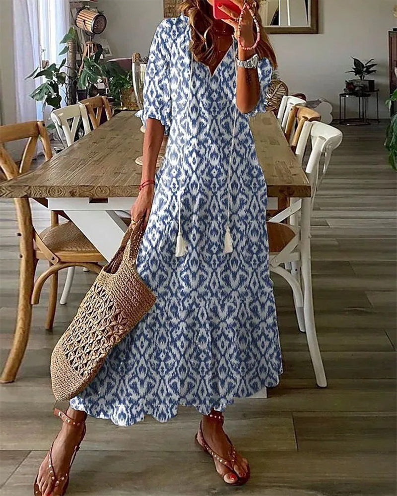 Maeria | Women's Elegant Boho Vintage V-Neck Printed Dress — 1