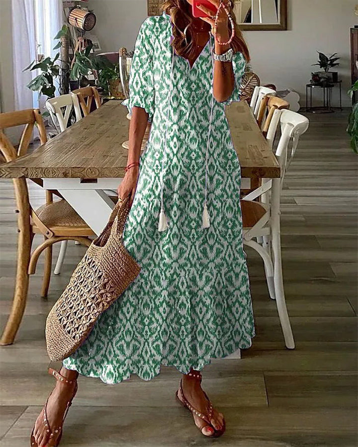 Maeria | Women's Elegant Boho Vintage V-Neck Printed Dress — 2