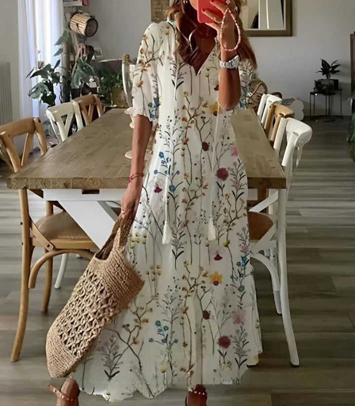 Maeria | Women's Elegant Boho Vintage V-Neck Printed Dress — Flowers