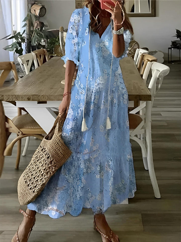 Maeria | Women's Elegant Boho Vintage V-Neck Printed Dress — Light Blue