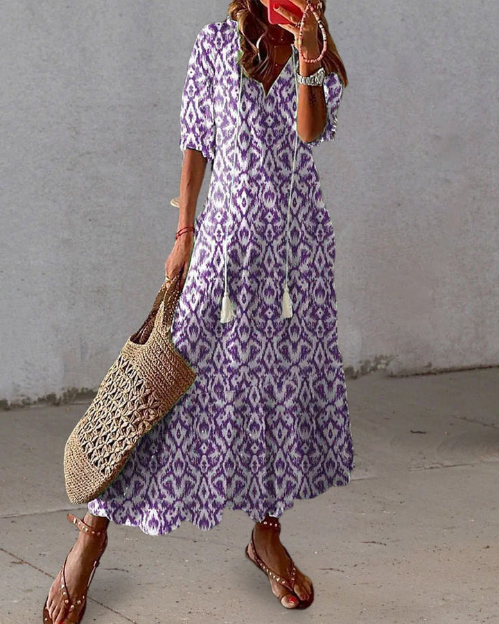 Maeria | Women's Elegant Boho Vintage V-Neck Printed Dress — Purple