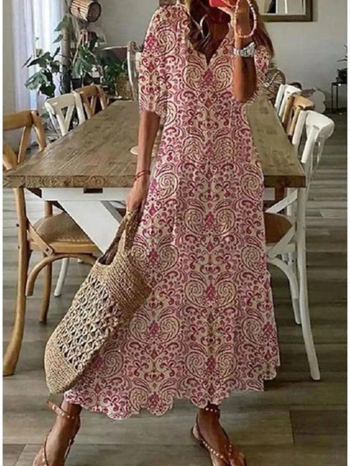 Maeria | Women's Elegant Boho Vintage V-Neck Printed Dress — Red