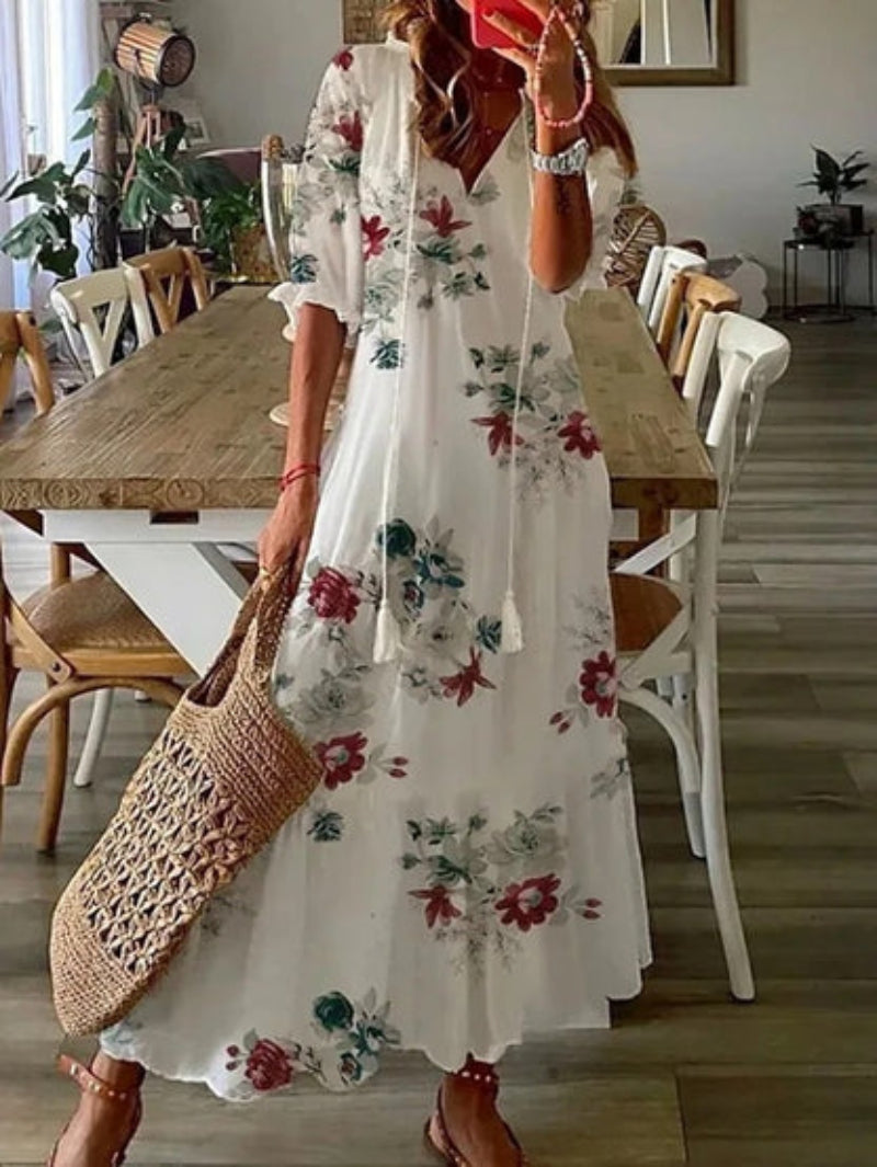 Maeria | Women's Elegant Boho Vintage V-Neck Printed Dress — White