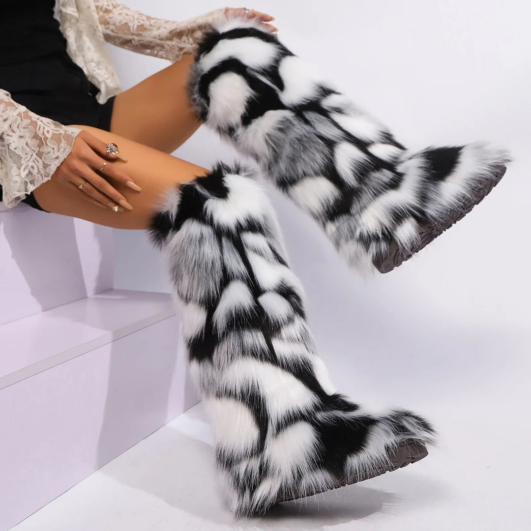 Maevia | Women's High Boots | | Fur Snow Boots | warm Boots | Non-Slip — Black & White