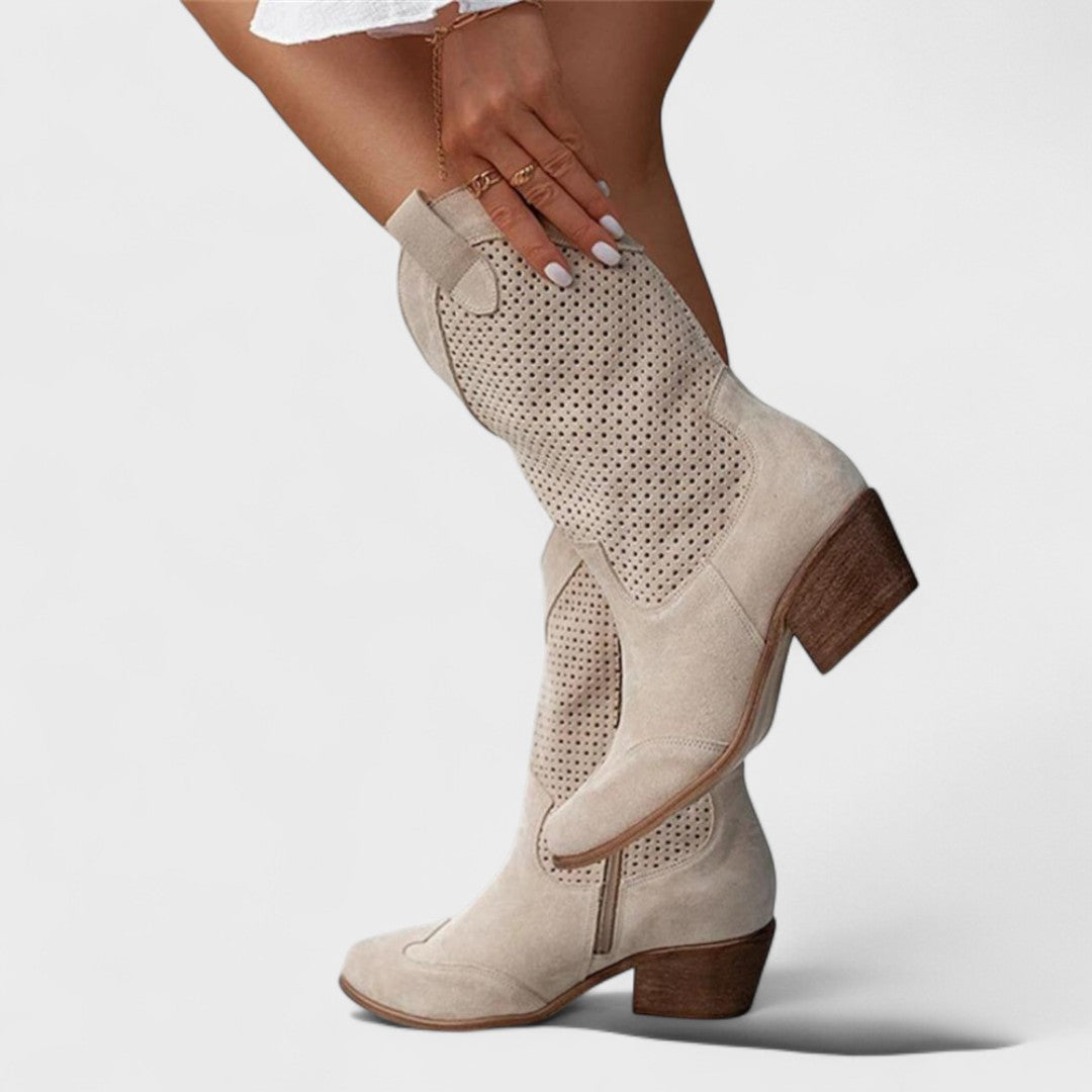 Marcellina | Women's Western Style Knee-High Mid-Calf Perforated Detail Boots — Beige