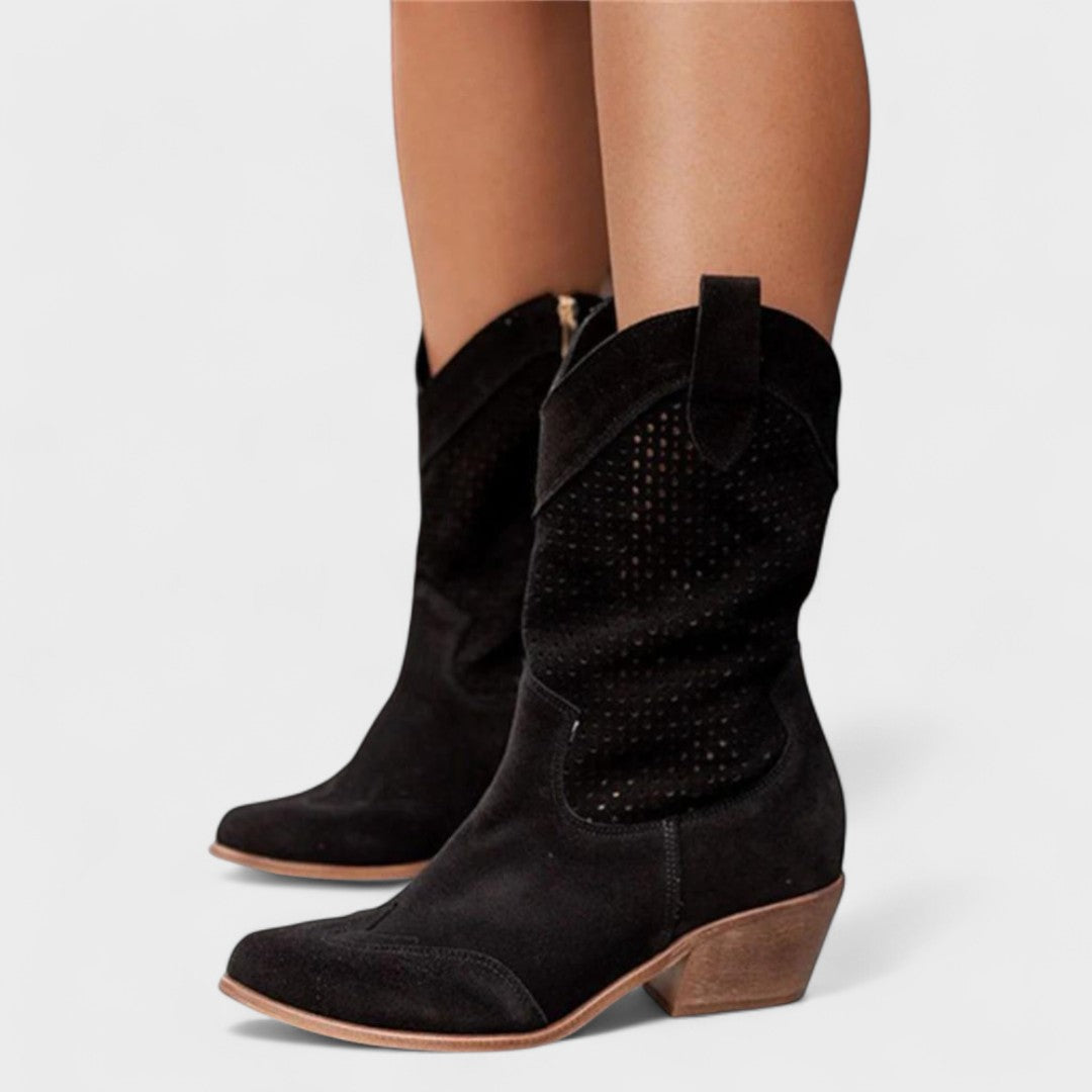 Marcellina | Women's Western Style Knee-High Mid-Calf Perforated Detail Boots — Black
