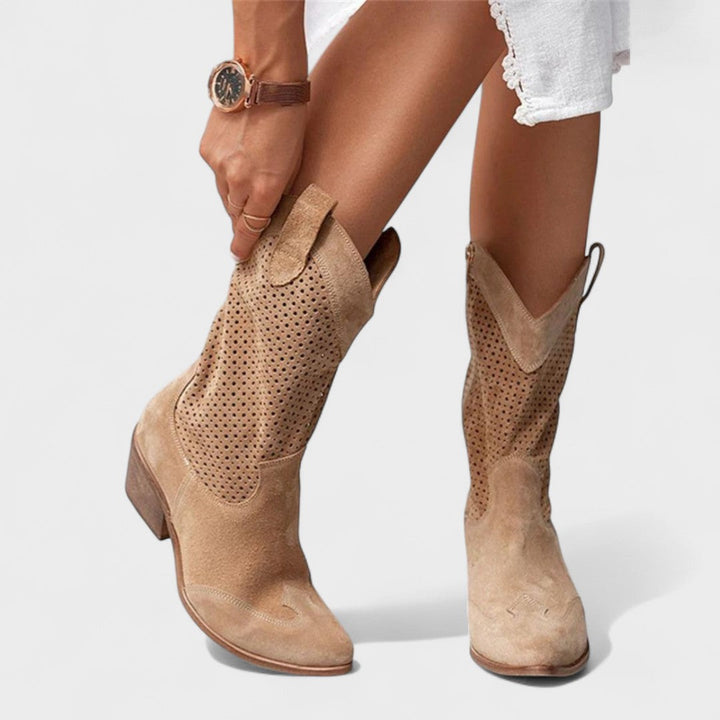 Marcellina | Women's Western Style Knee-High Mid-Calf Perforated Detail Boots — 2