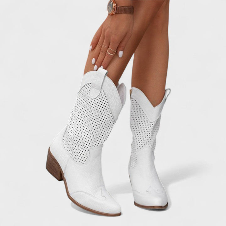 Marcellina | Women's Western Style Knee-High Mid-Calf Perforated Detail Boots — White