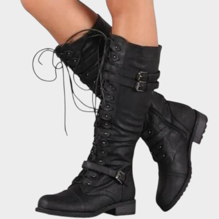 Marenynn | Knee High Riding Boots with Buckle and Lace-Up Detail