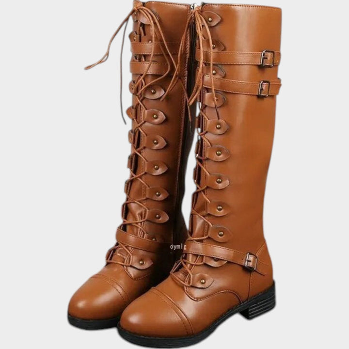 Marenynn | Knee High Riding Boots with Buckle and Lace-Up Detail