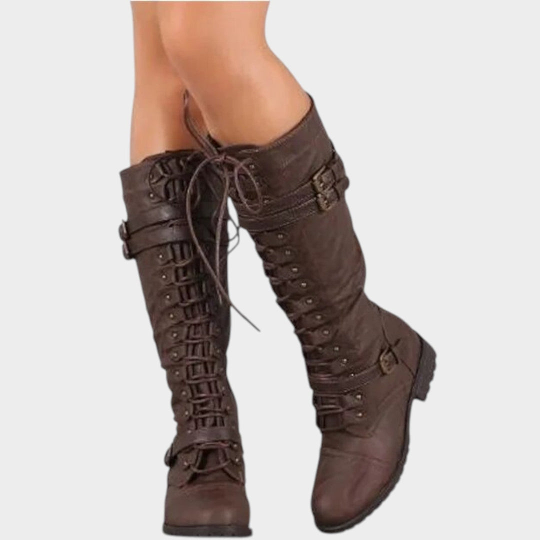 Marenynn | Knee High Riding Boots with Buckle and Lace-Up Detail