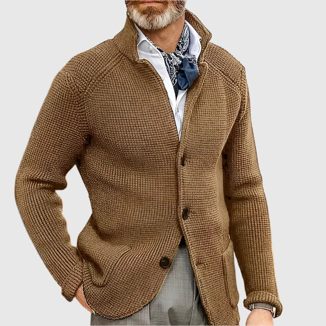 Mira | Women's Knit Cozy Button Front Stand Collar Sweaters — Beige