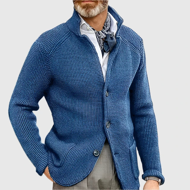 Mira | Women's Knit Cozy Button Front Stand Collar Sweaters — Blue